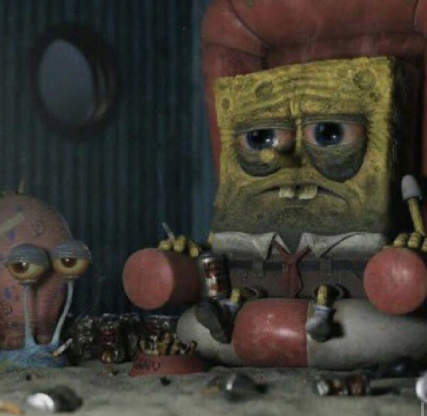 Grimy realistic SpongeBob slumped among cans looking utterly depleted and done