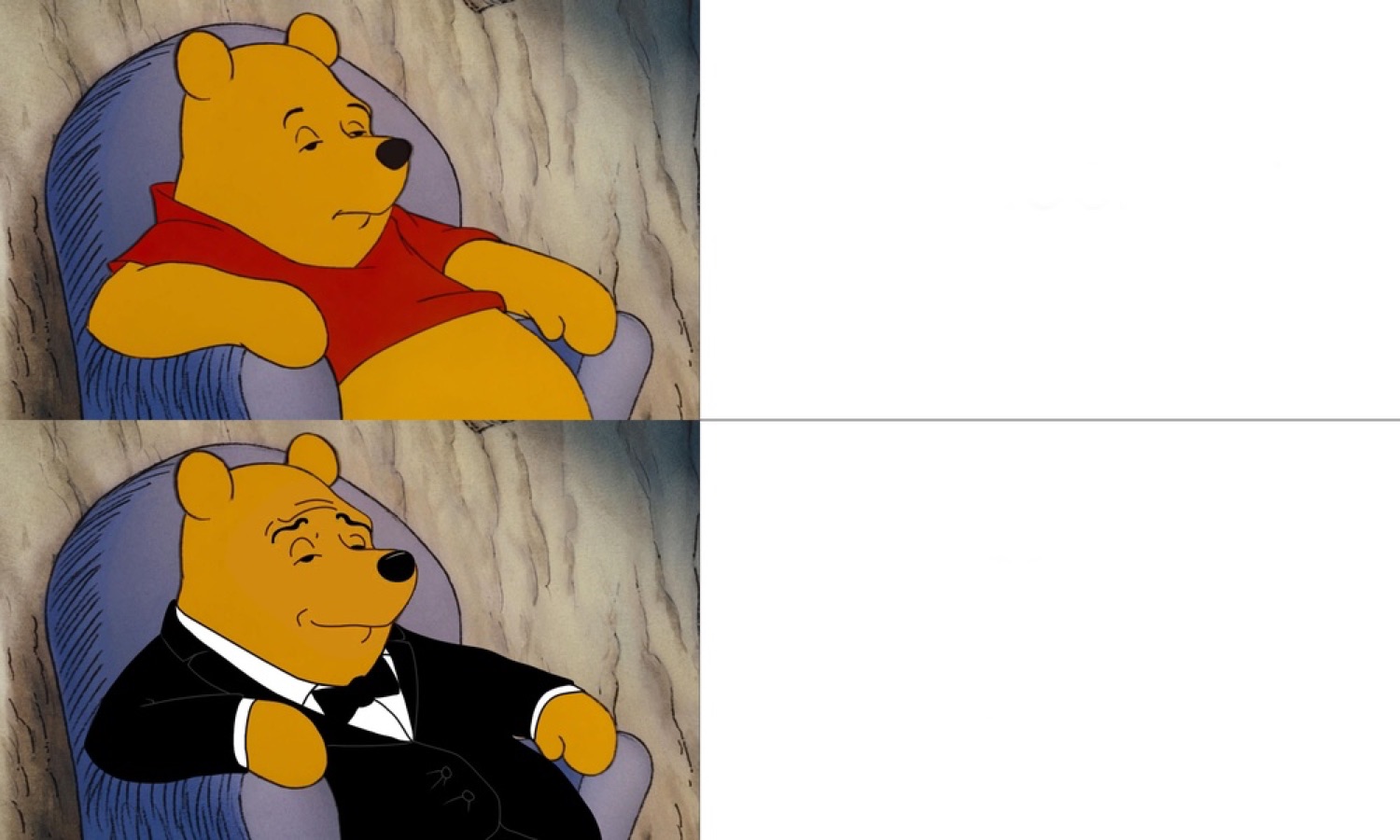 Tuxedo Winnie the Pooh two-panel: casual Pooh on top, fancy suited Pooh below
