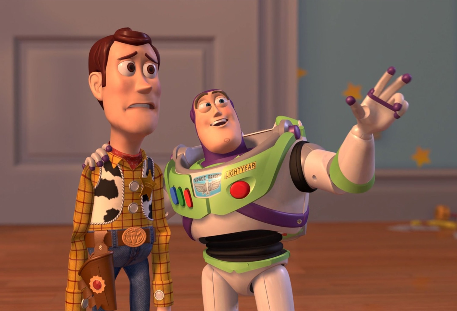 Buzz Lightyear gesturing grandly while Woody watches with visible unease beside him
