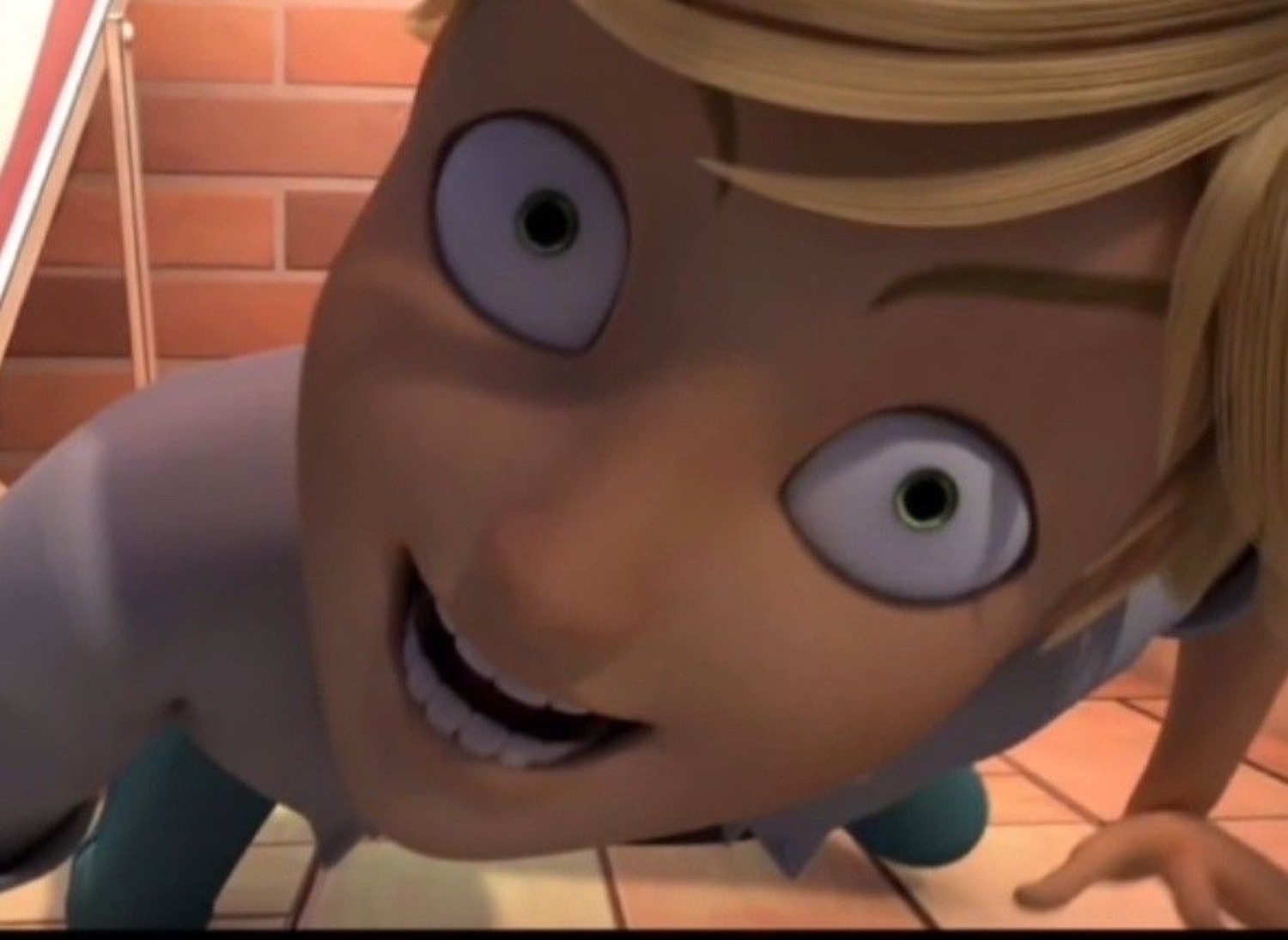 Animated kid character crawling on the floor with mismatched wild eyes and a manic grin
