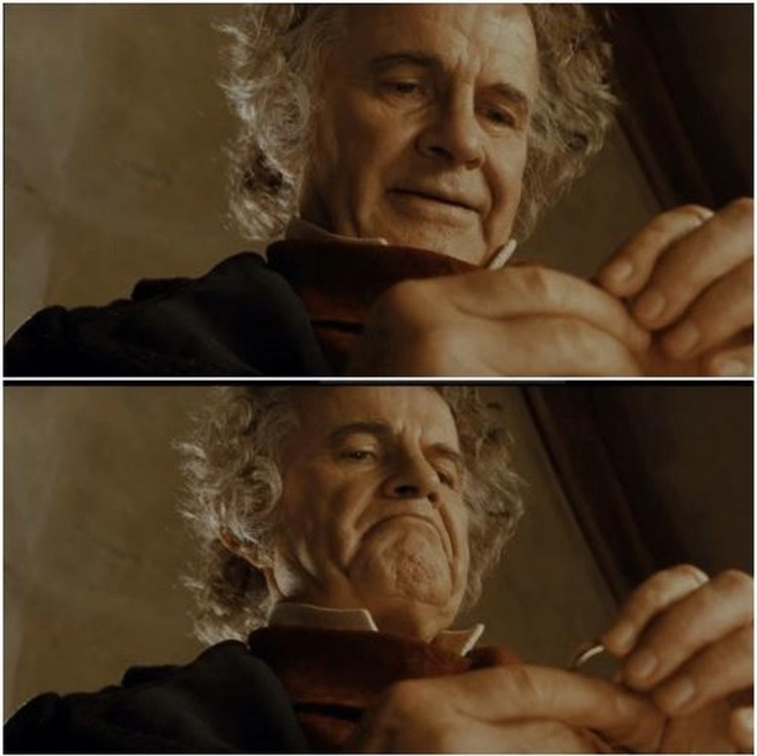 Two-panel of an old man softening into a creepy, possessive grin over a ring