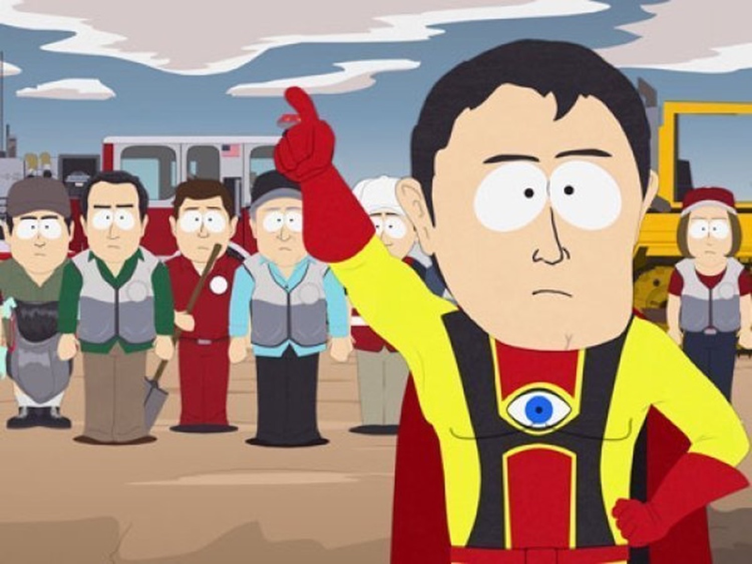 South Park superhero pointing upward with a blank, unimpressed expression