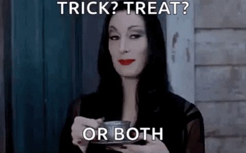 Morticia Addams sipping tea, "Trick? Treat? Or both"