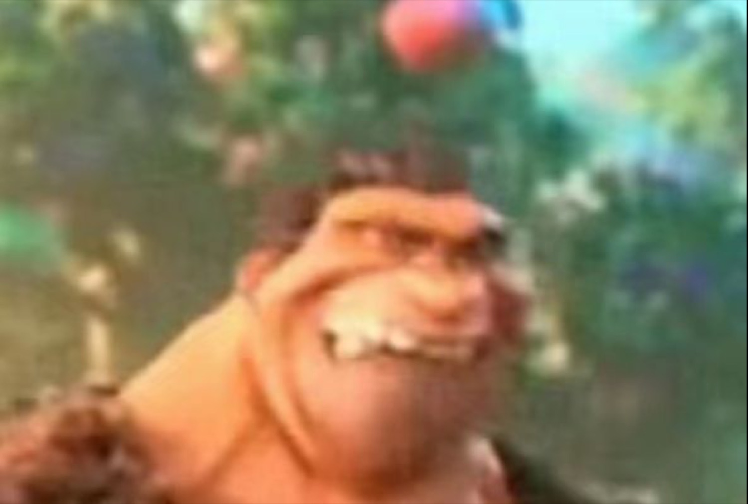 Blurry cartoon caveman with a smug, self-satisfied smirk