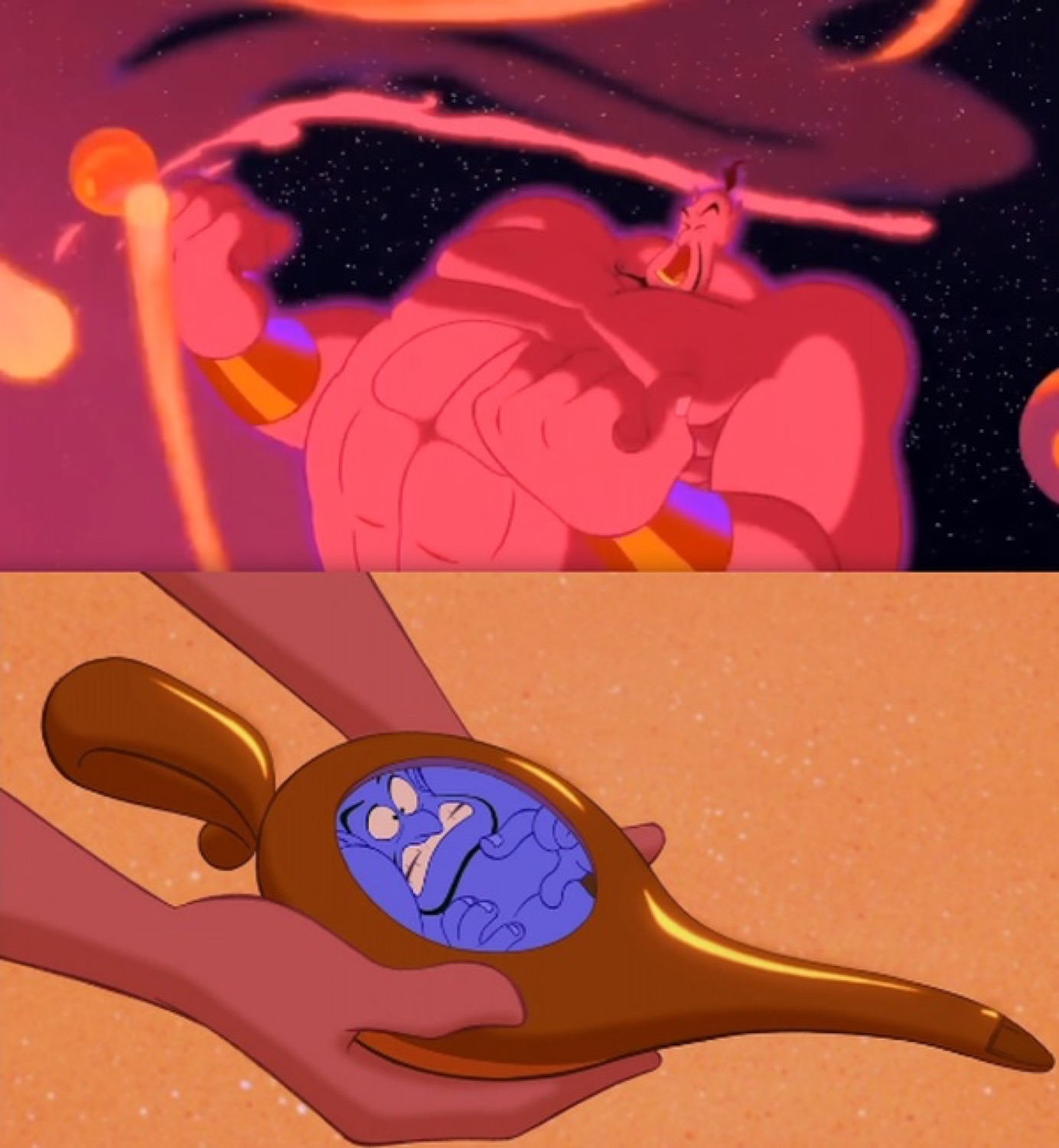 Genie from Aladdin hyped in top panel, then crammed miserably back in the lamp in the bottom panel