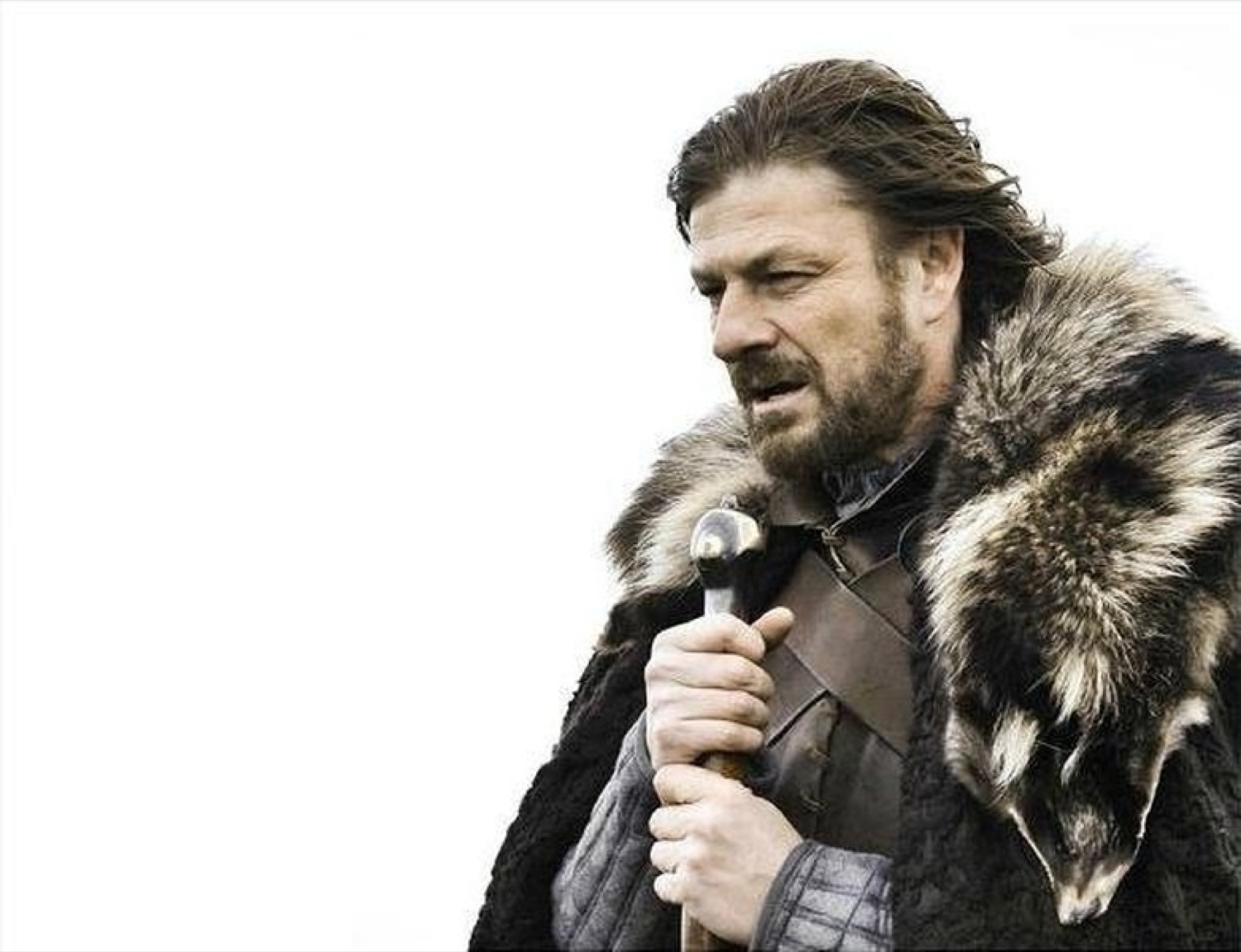 Ned Stark in full winter armor leaning on his sword with a heavy, resigned look