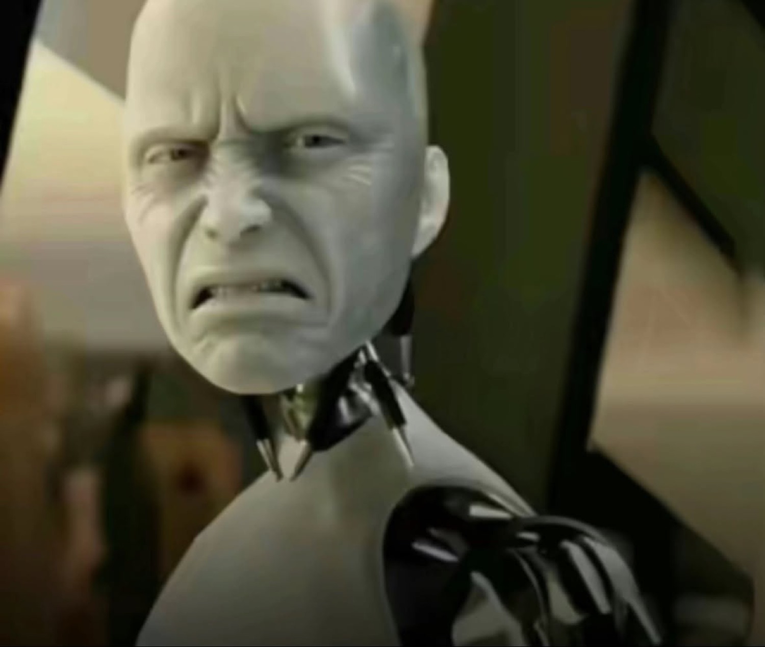 White robot from I, Robot scrunching its face in pure disgust