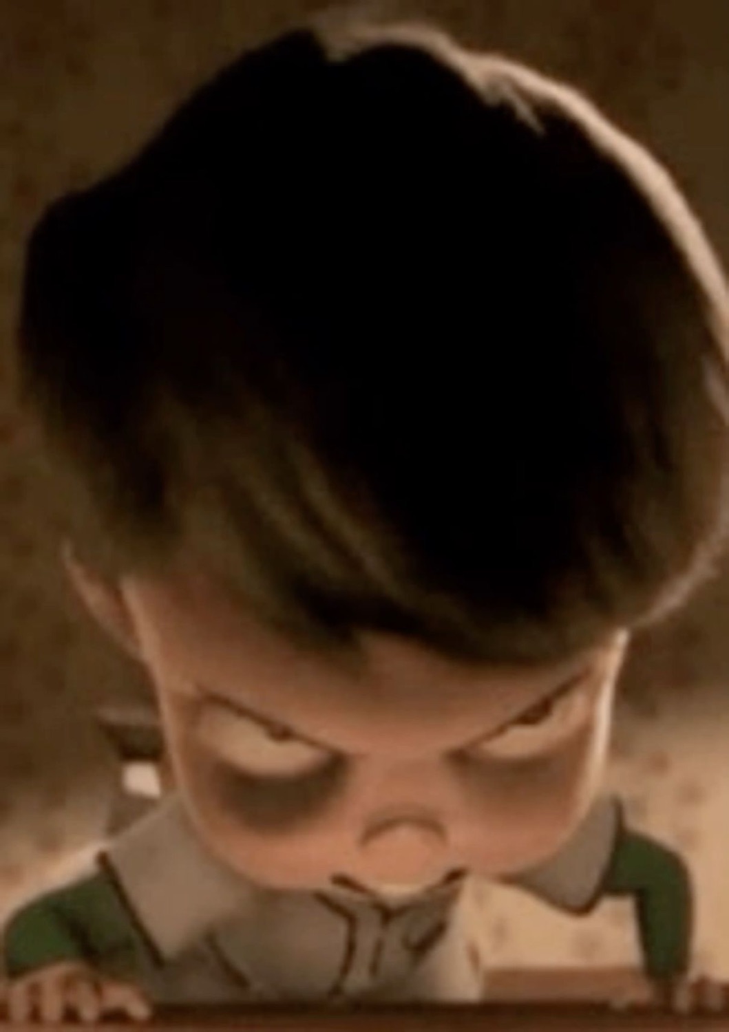 Animated little boy glaring down with a furious, brooding scowl
