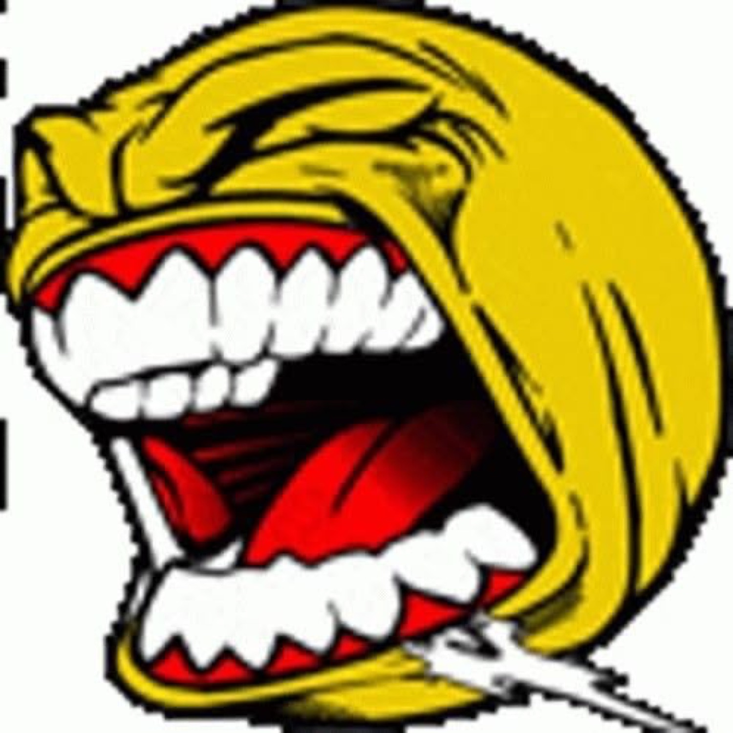 Angry smiley face blown wide open, teeth bared, pure cartoon rage