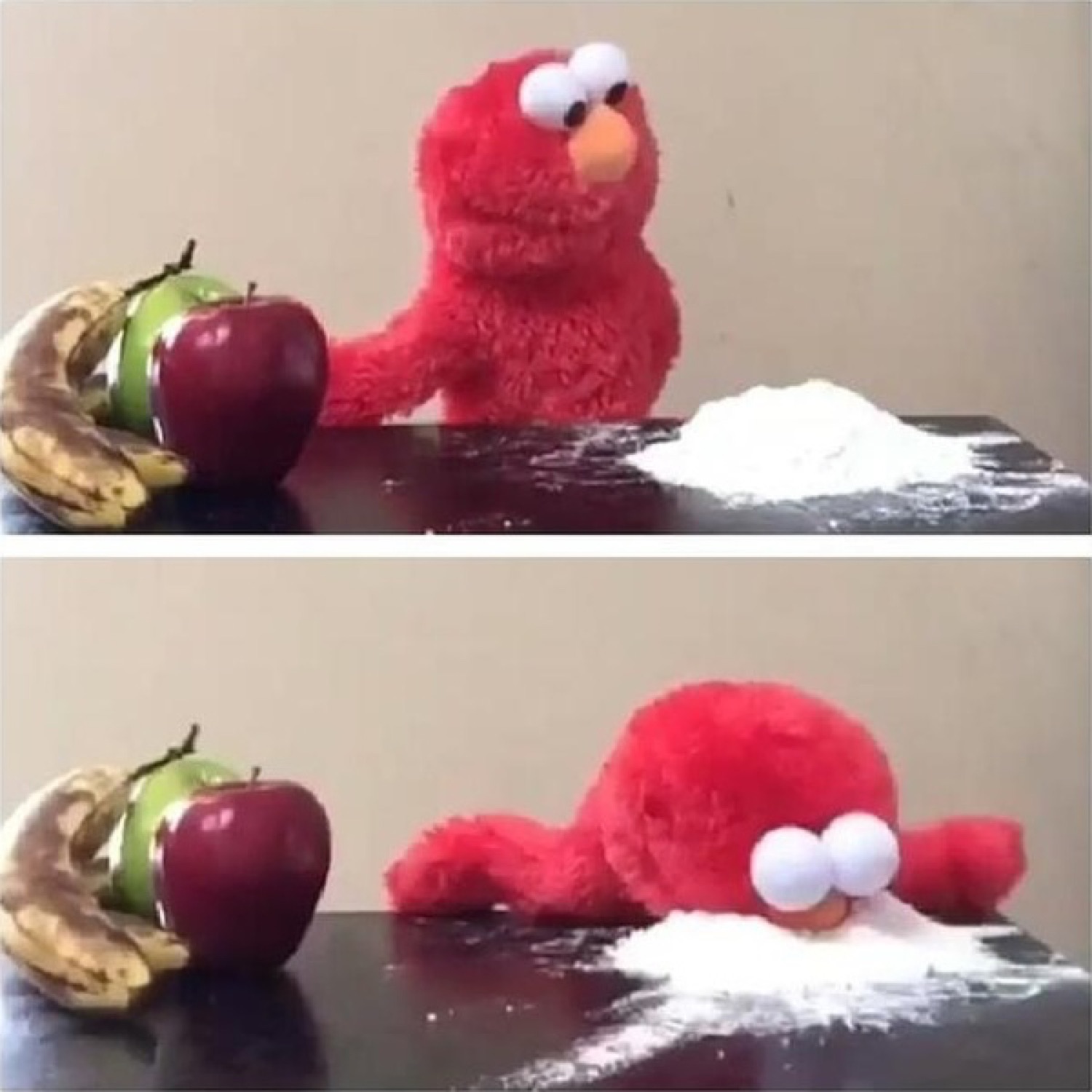 Two-panel Elmo puppet leaning toward a pile of white powder then faceplanting into it