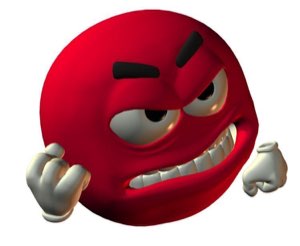 Glossy red 3D emoticon scowling and raising its fists in cartoonish rage