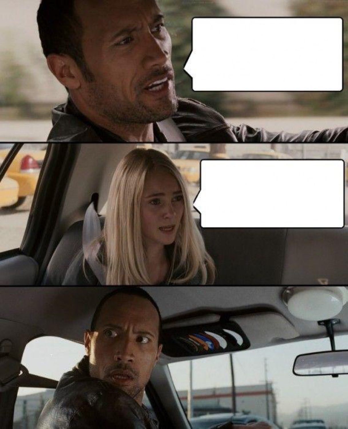 The Rock Driving meme with two blank speech bubbles, ready for a punchline
