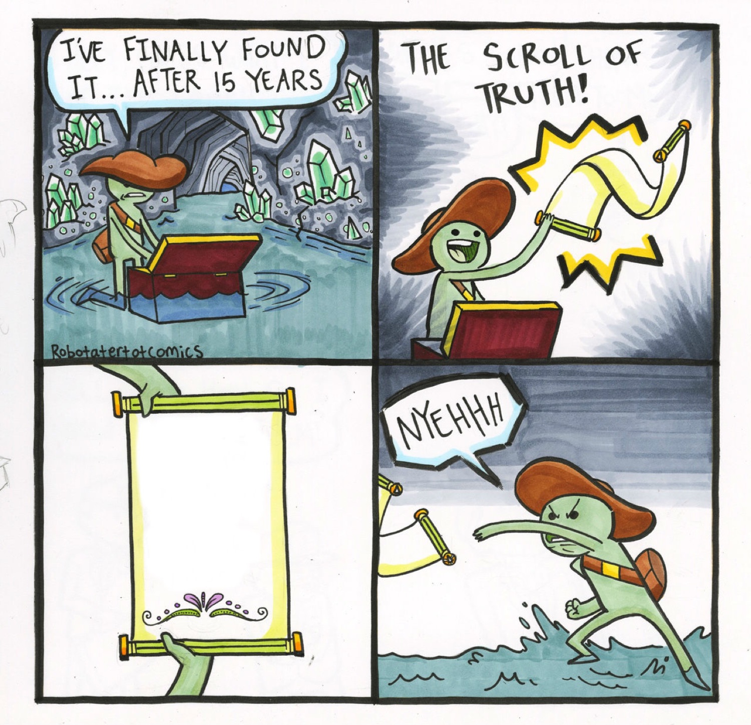 The Scroll of Truth comic where the creature rejects the blank truth and storms off yelling 'NYEHHH'