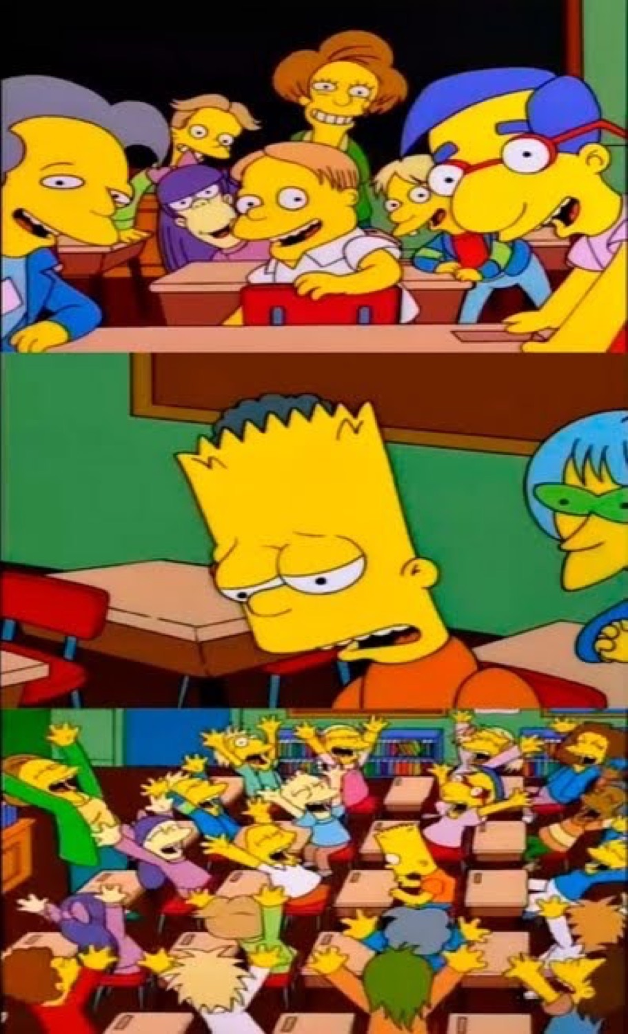 Bart Simpson surrounded by a rowdy laughing class, looking very uncomfortable