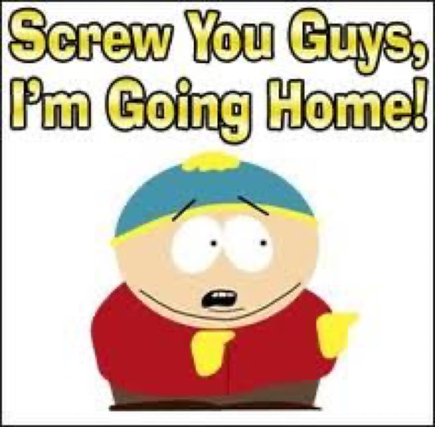 Cartman from South Park storming off with 'Screw You Guys, I'm Going Home!'