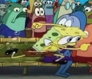 SpongeBob biting a bench while Squidward drags him past a staring crowd