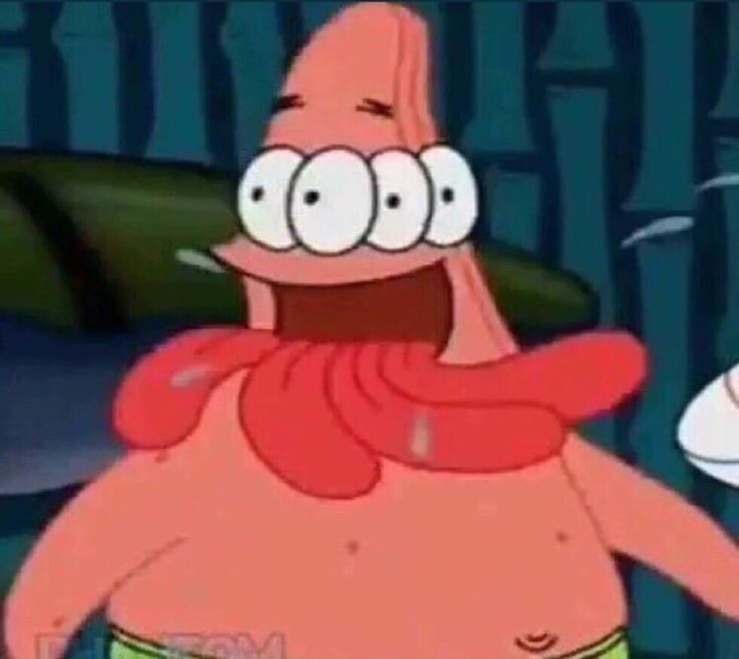 Derpy Patrick Star with four eyes and a wide dopey open-mouthed grin
