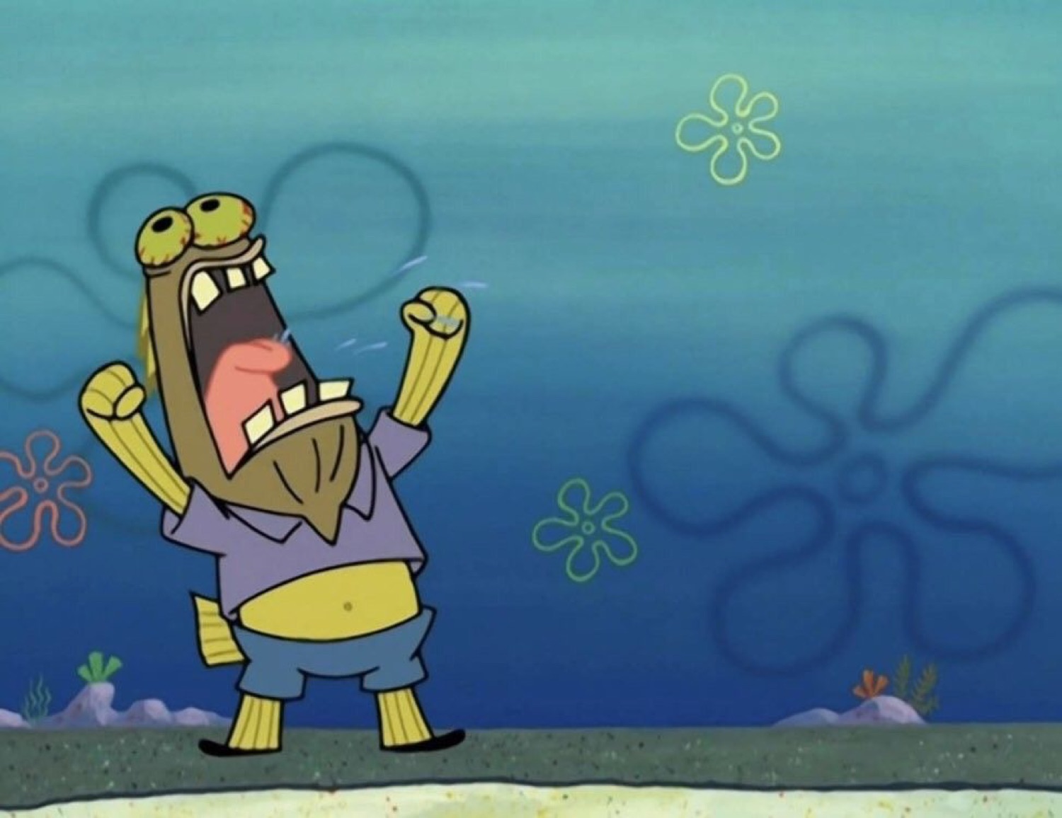 SpongeBob fish character raising fists and screaming with exaggerated open mouth