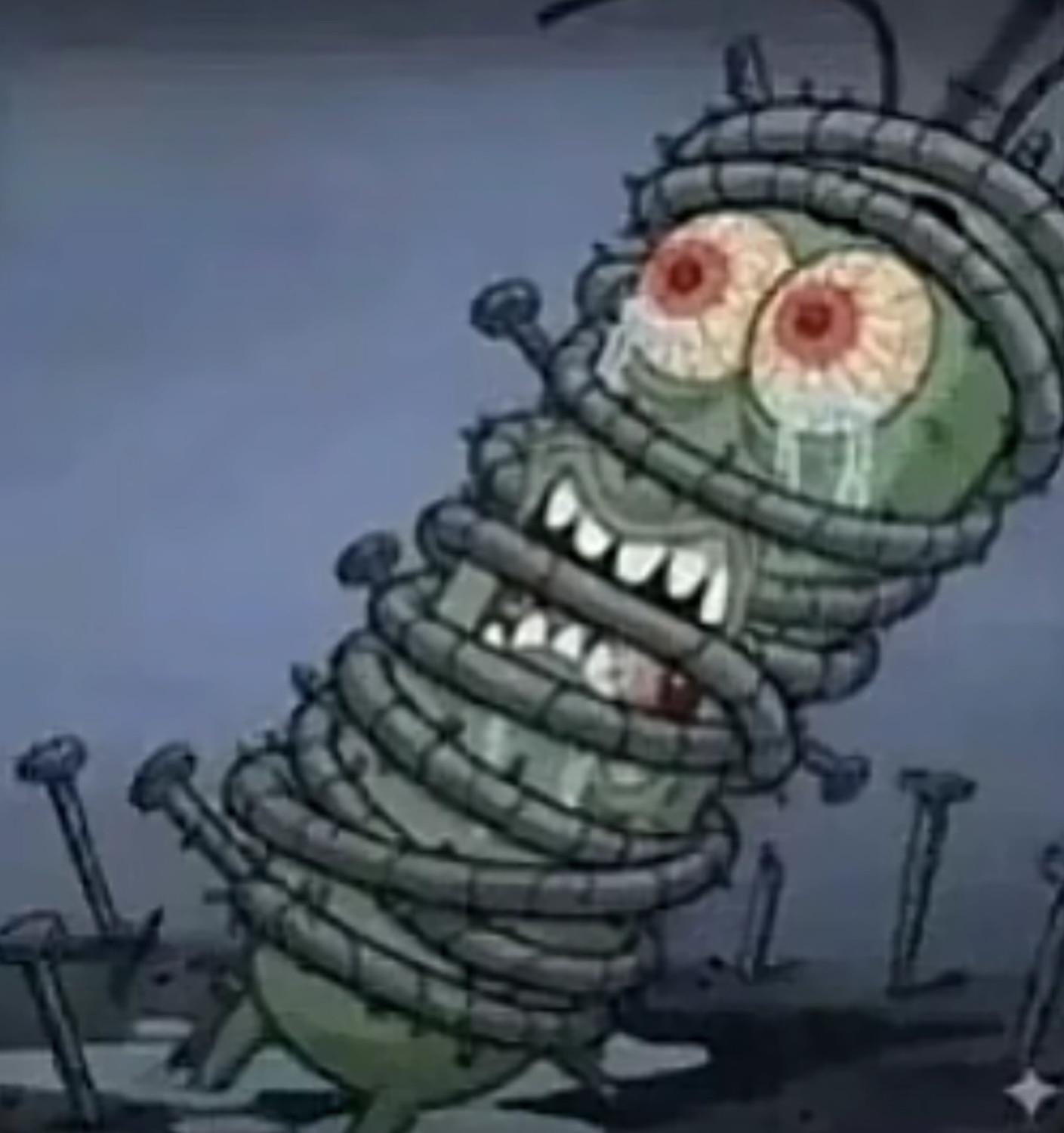 Plankton wrapped in springs with bloodshot bulging eyes, screaming and totally unhinged