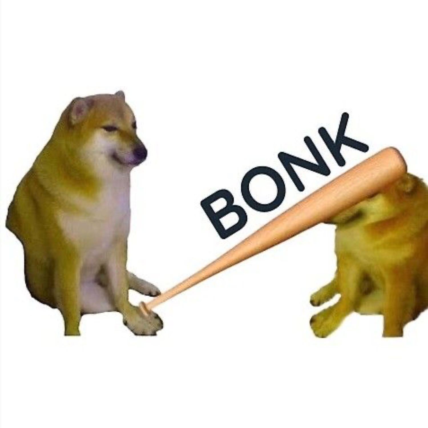 Cheems landing a 'BONK' bat on a smaller dog's head
