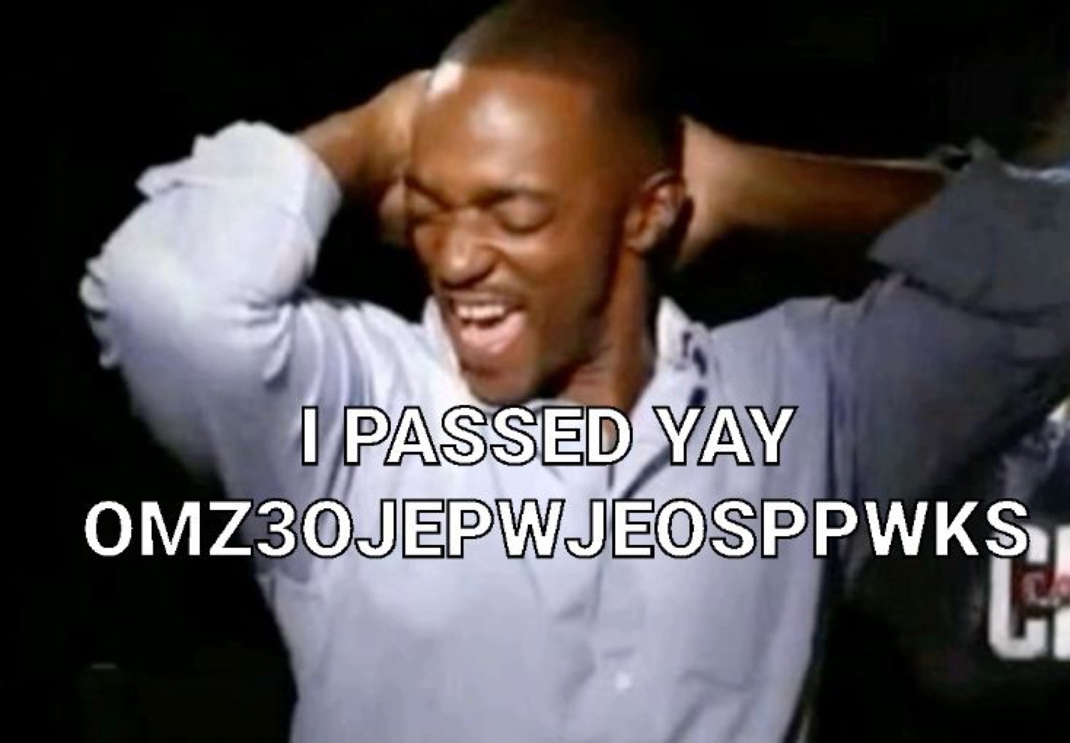 Anthony Mackie celebrating: 'I PASSED YAY OMZ3OJEPWJEOSPPWKS'