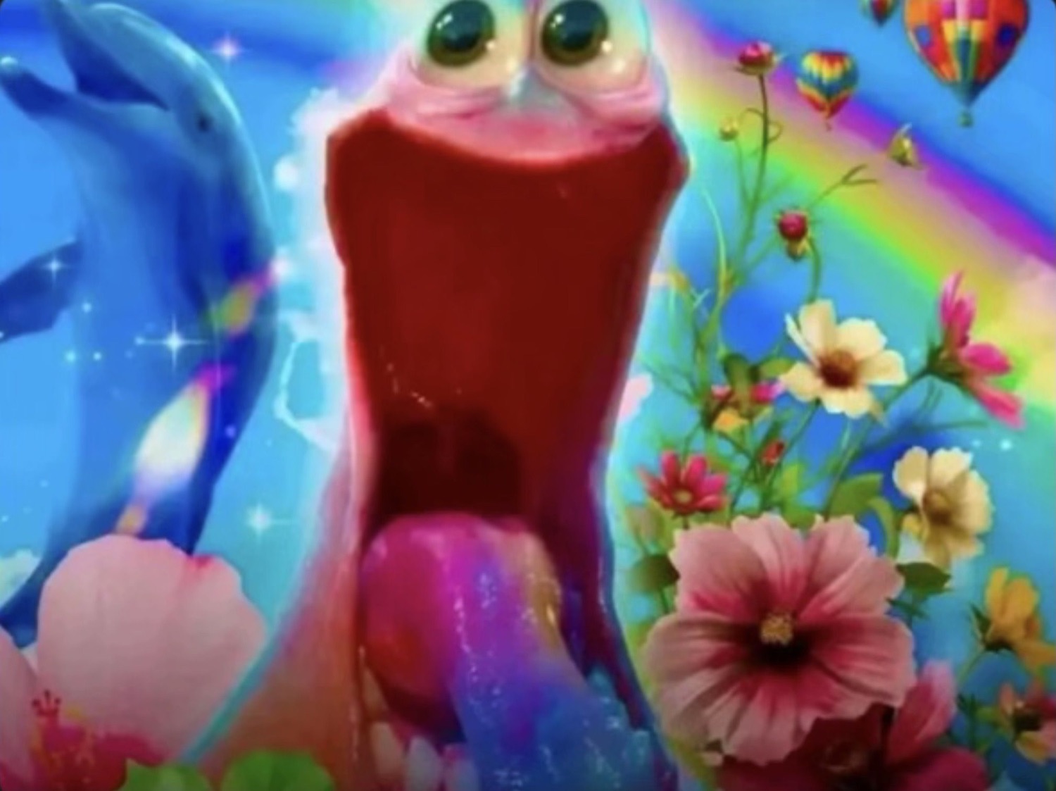 Googly-eyed creature screaming amid dolphins, flowers and a rainbow Lisa Frank scene