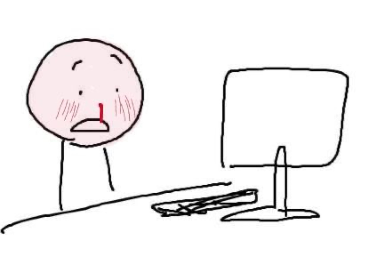 Stick-figure doodle blushing at a monitor with a nosebleed starting