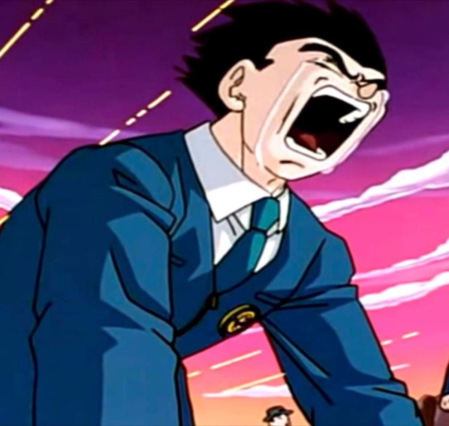 Anime schoolboy in a blue uniform wailing at the sky with his mouth wide open