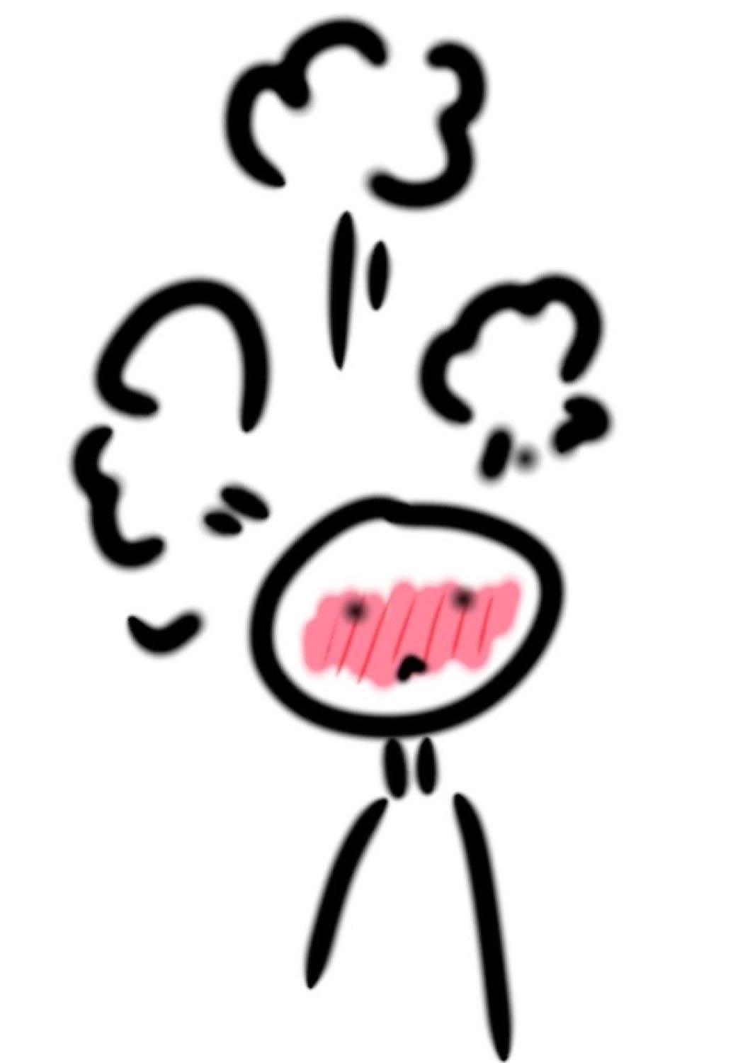 Stick figure exploding with rage, steam clouds and bared teeth in a crude drawing