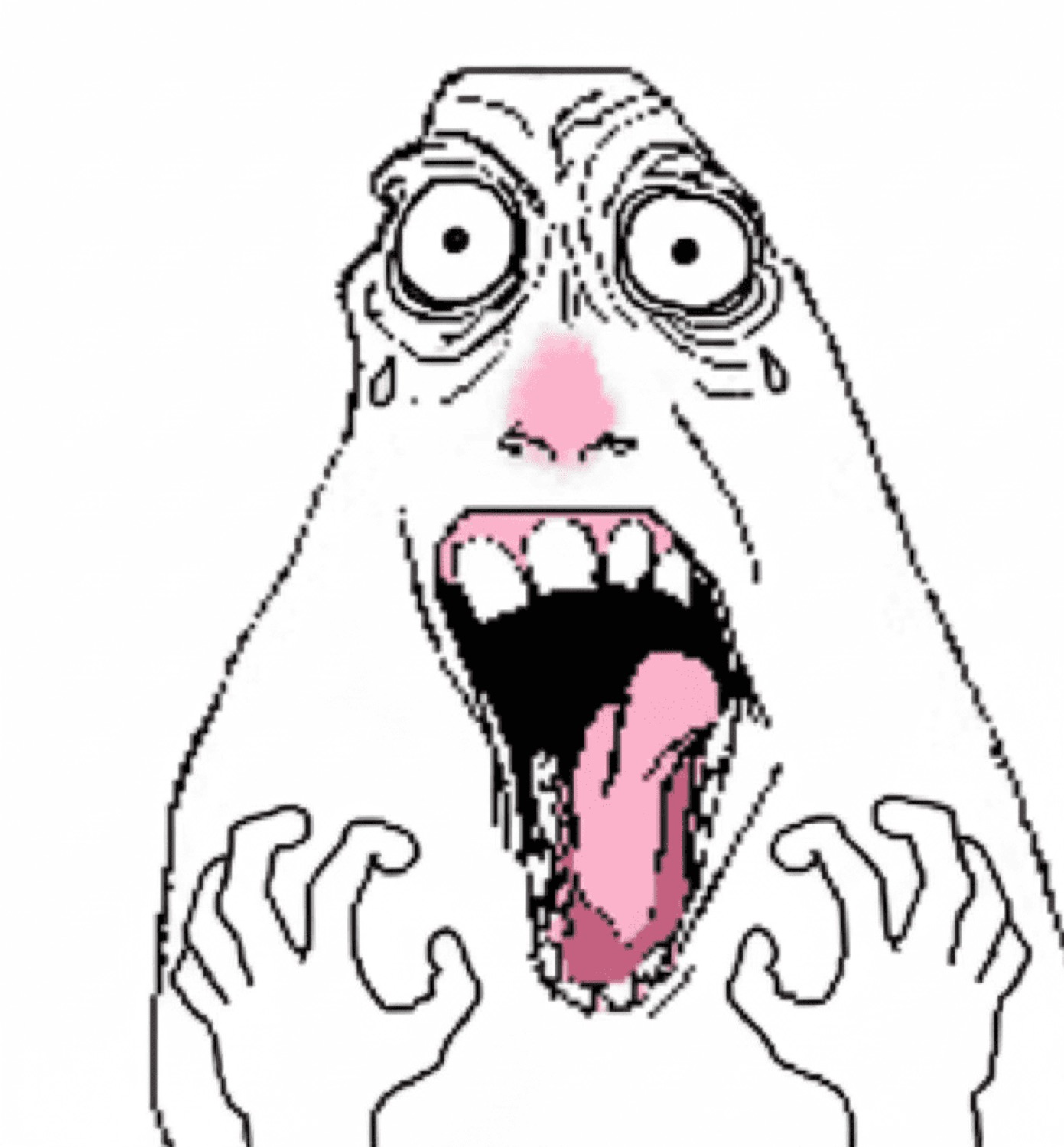 Wojak-style face screaming in terror with bulging eyes and tongue out