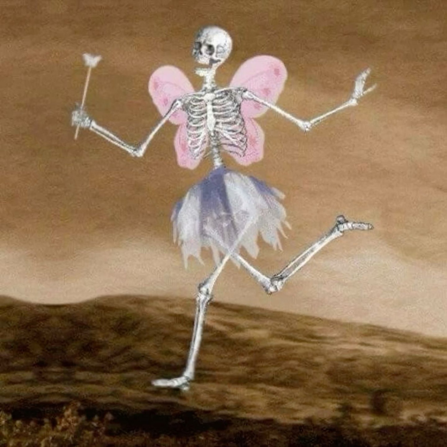Skeleton fairy with pink wings and a tutu skipping joyfully across a field
