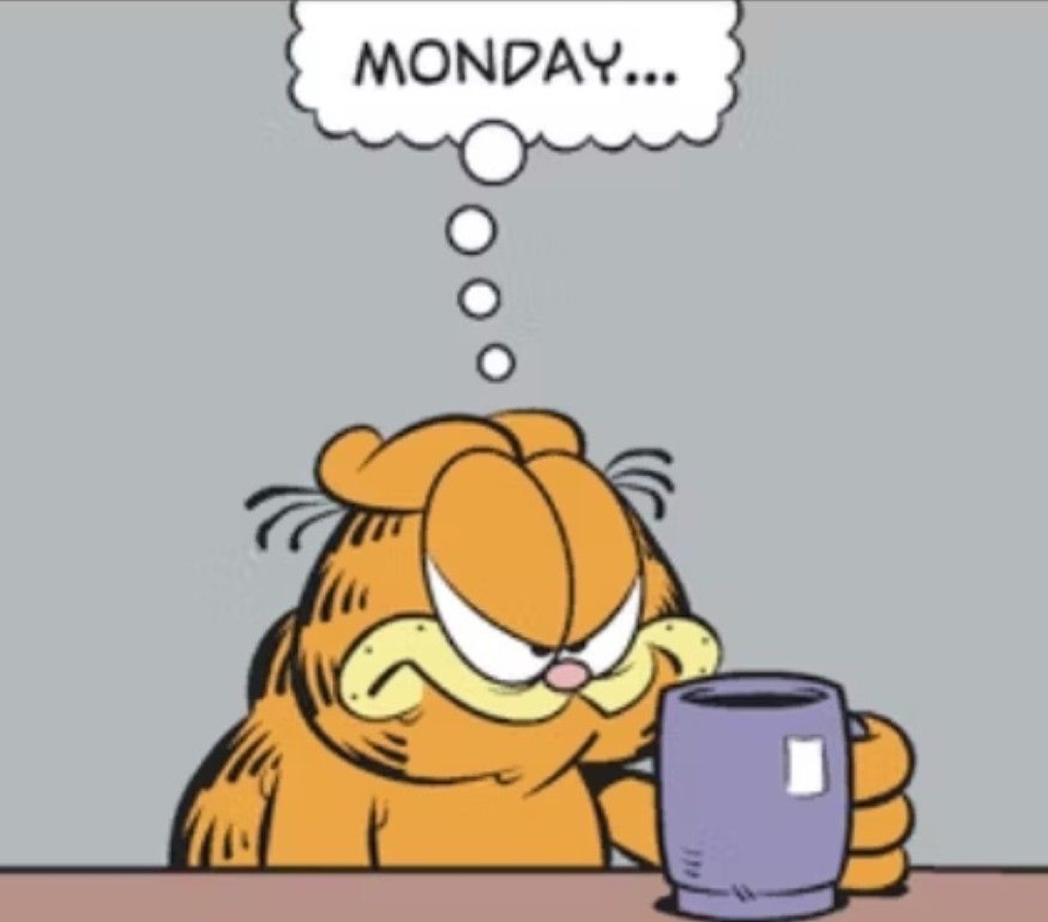 Garfield glaring over his coffee mug thinking 'MONDAY...'