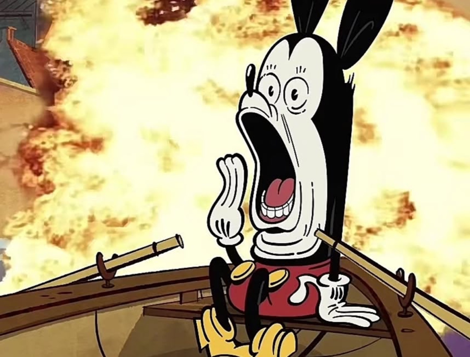 Cartoon rabbit-like character screaming in full panic as a massive explosion erupts behind it