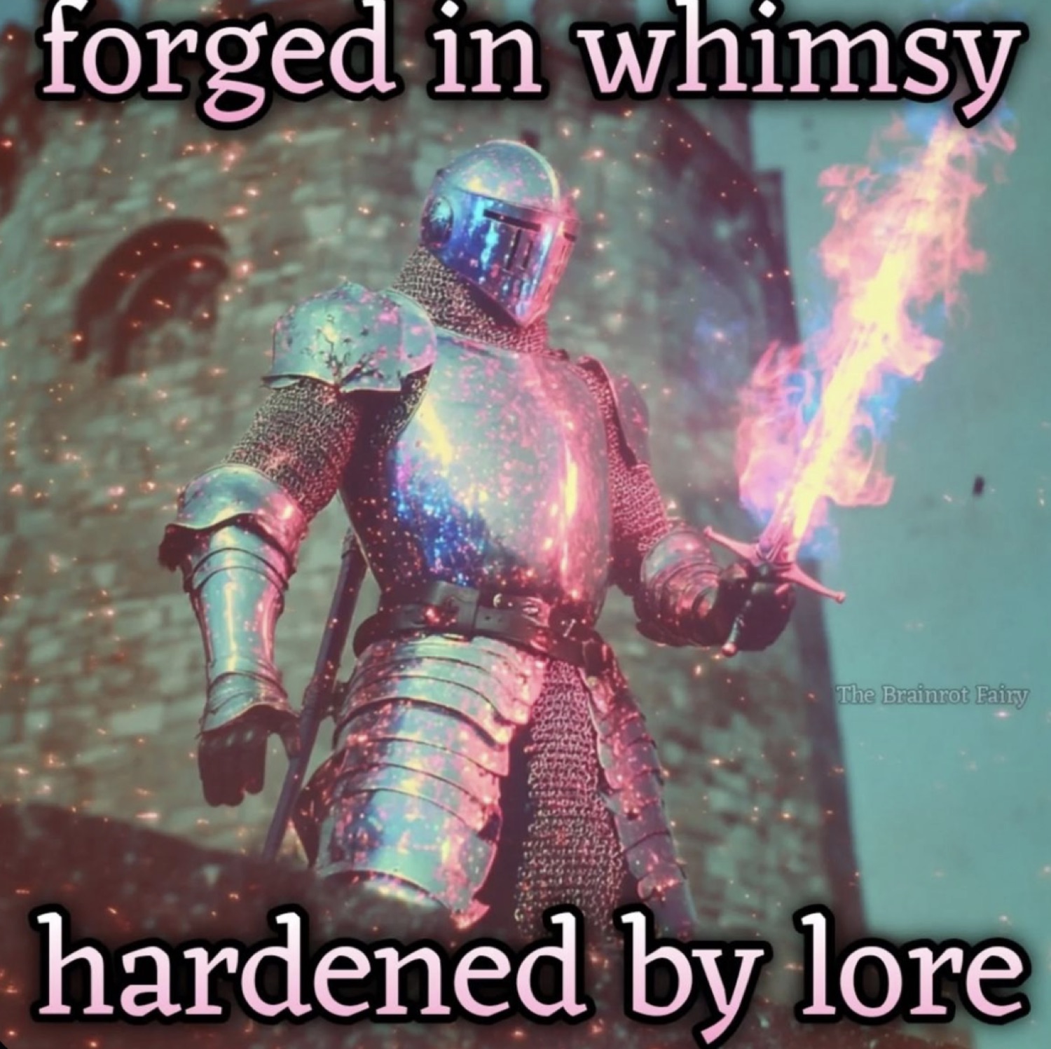Glittery knight with a flaming sword: 'forged in whimsy / hardened by lore'