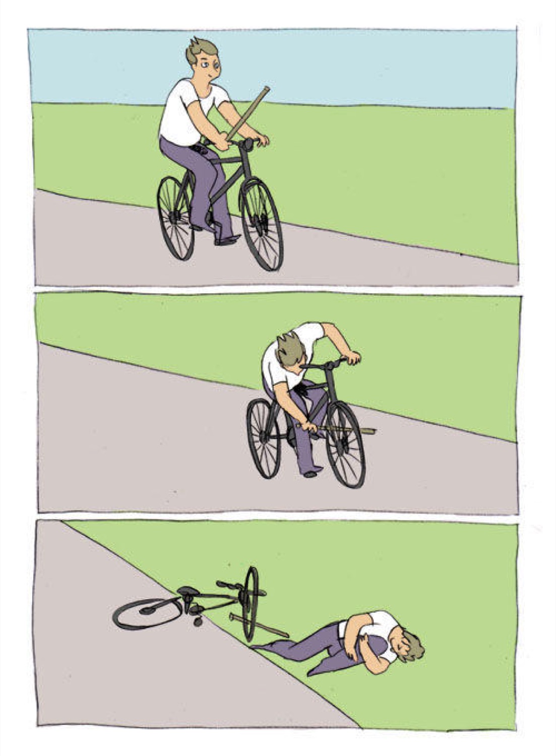 Three-panel comic of a man jamming a stick in his own bike wheel and falling