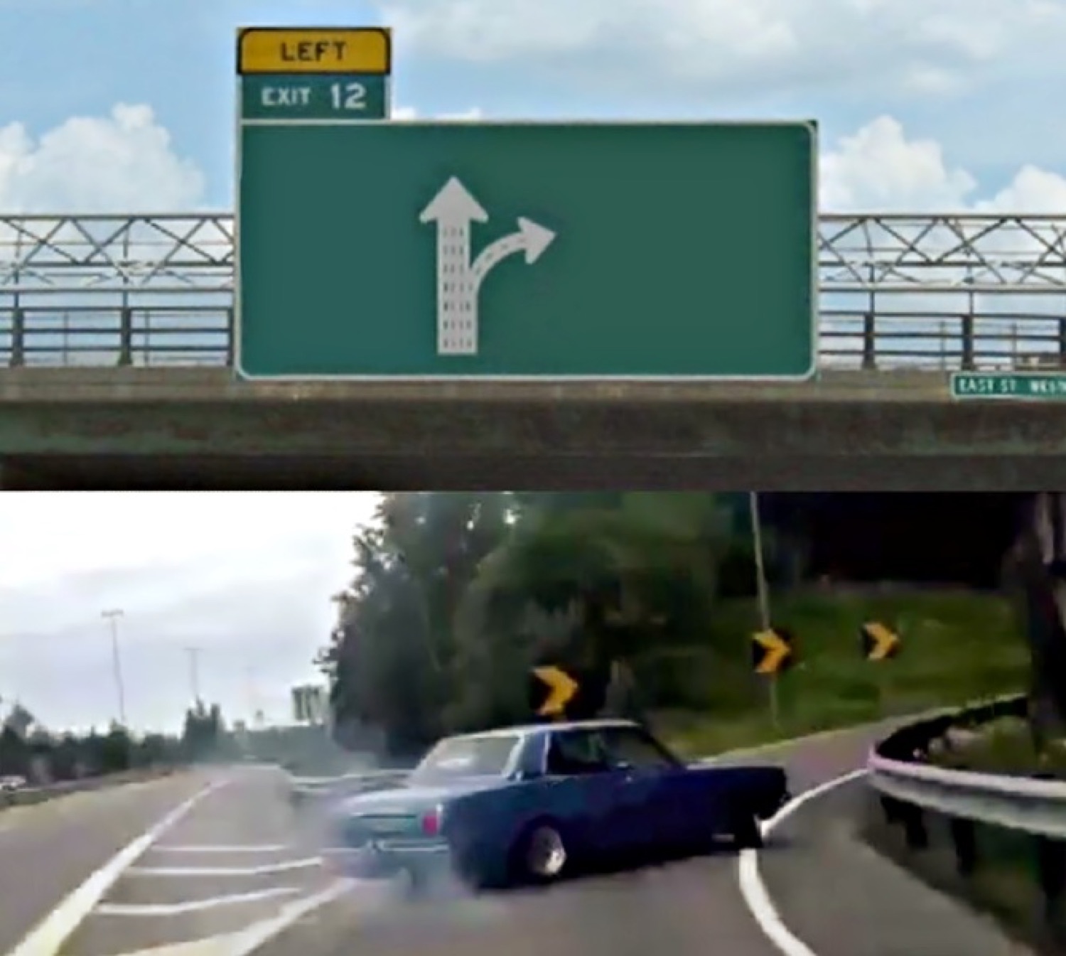 Car swerving hard off the highway at Exit 12, choosing chaos over the straight path
