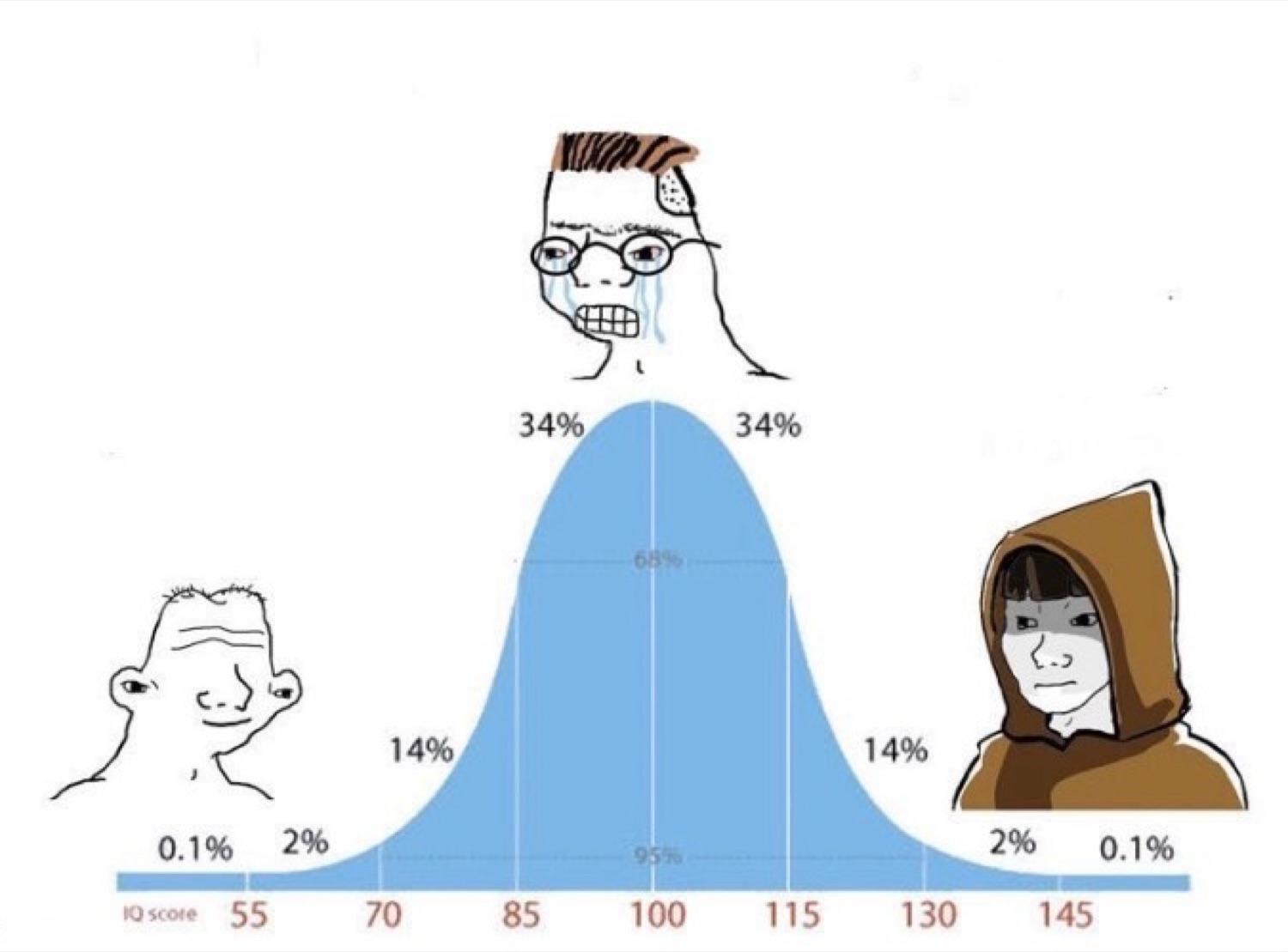 IQ bell curve meme with a crying midwit in the middle and calm hooded genius on the far right