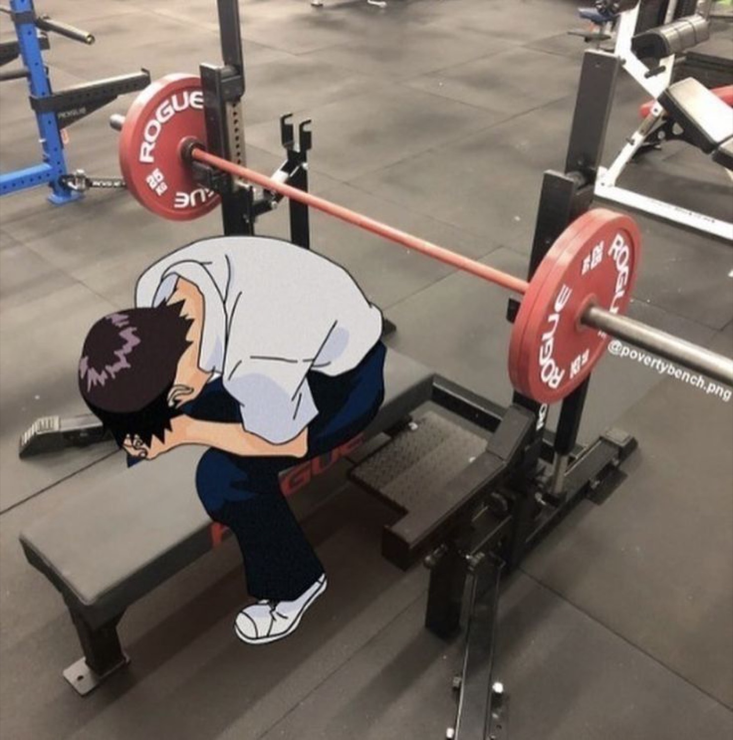 Anime character slumped exhausted over a gym bench