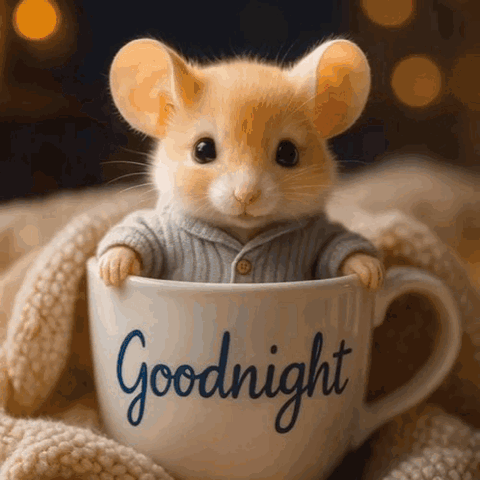 Little mouse yawning in a cup, "Goodnight"
