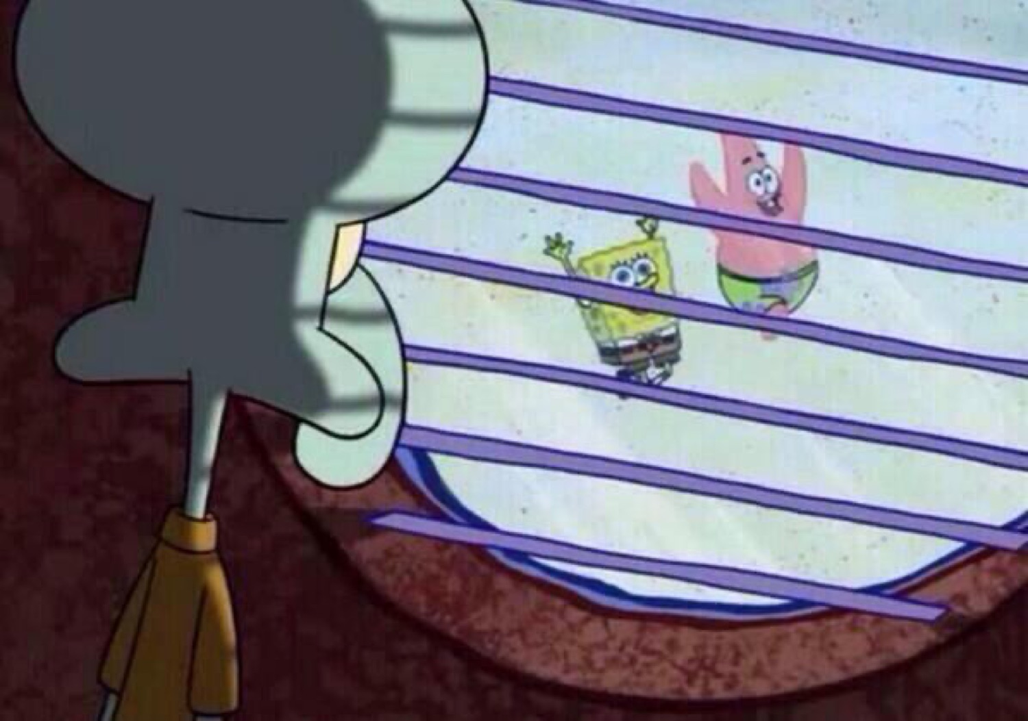 Squidward peering through the blinds at SpongeBob and Patrick having fun outside