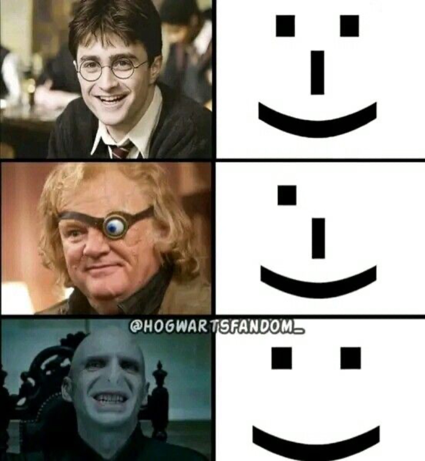 Harry, Mad-Eye Moody and Voldemort grinning next to increasingly wonky smiley faces