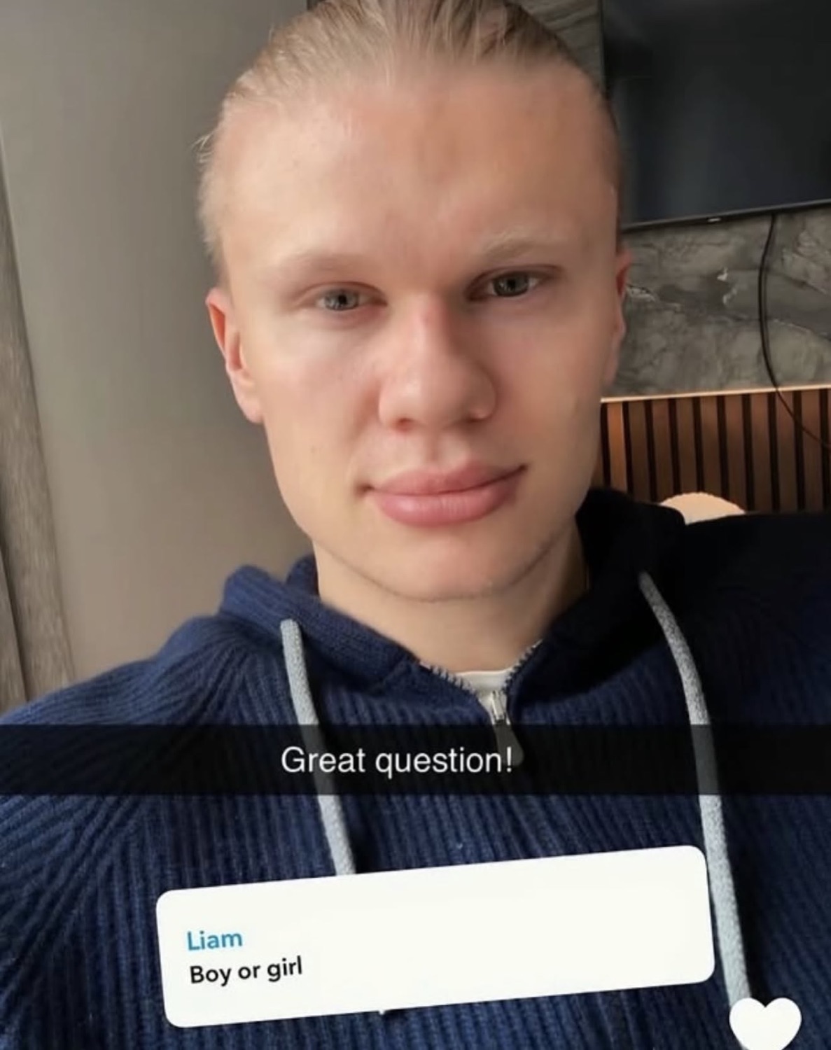 Erling Haaland selfie captioned 'Great question!' answering a 'Boy or girl' question with a deadpan face