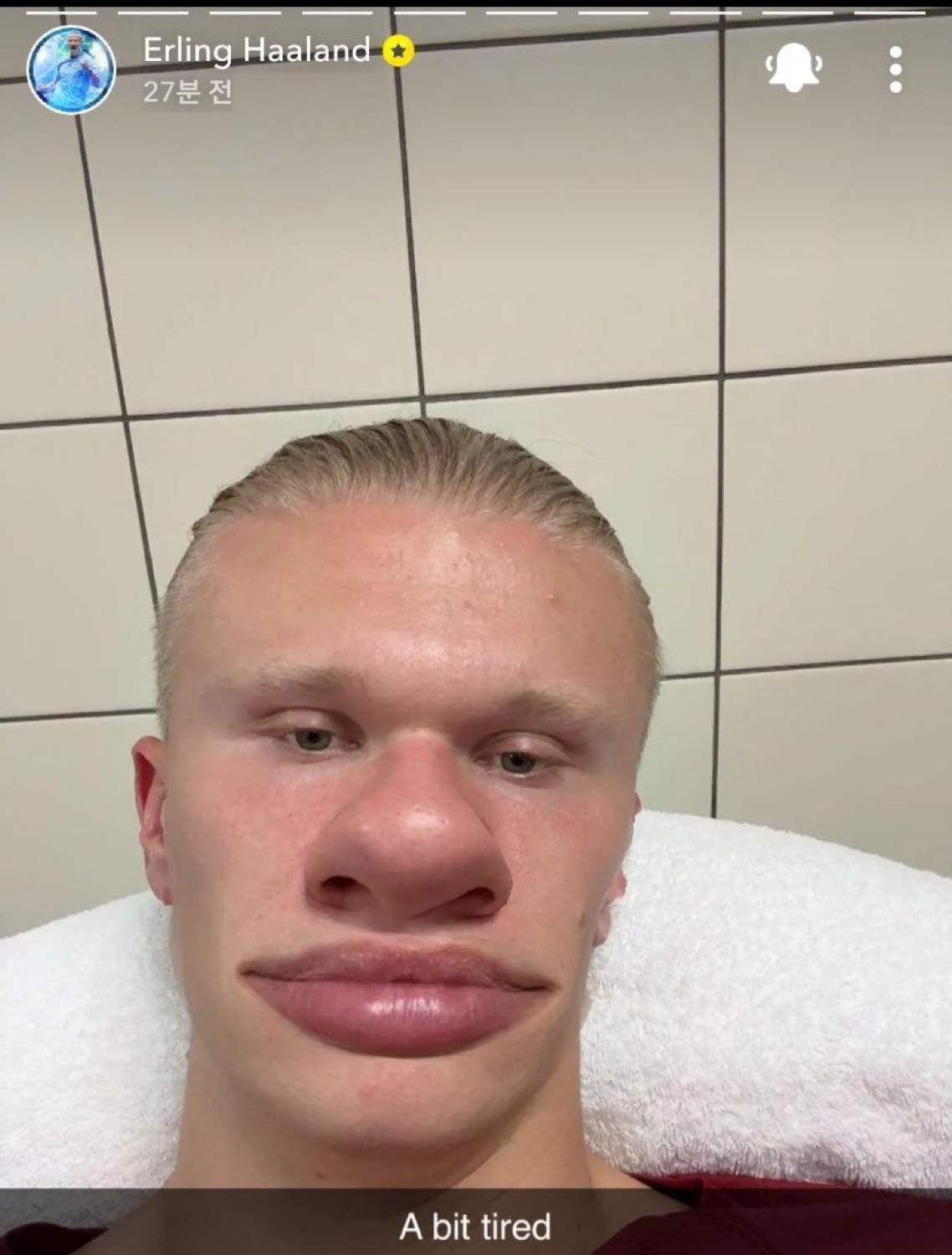 Erling Haaland selfie captioned 'A bit tired' with a completely deadpan face