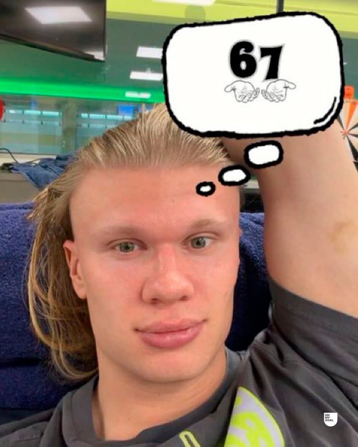 Haaland with a thought bubble showing '67' and two praying hands, completely unfazed