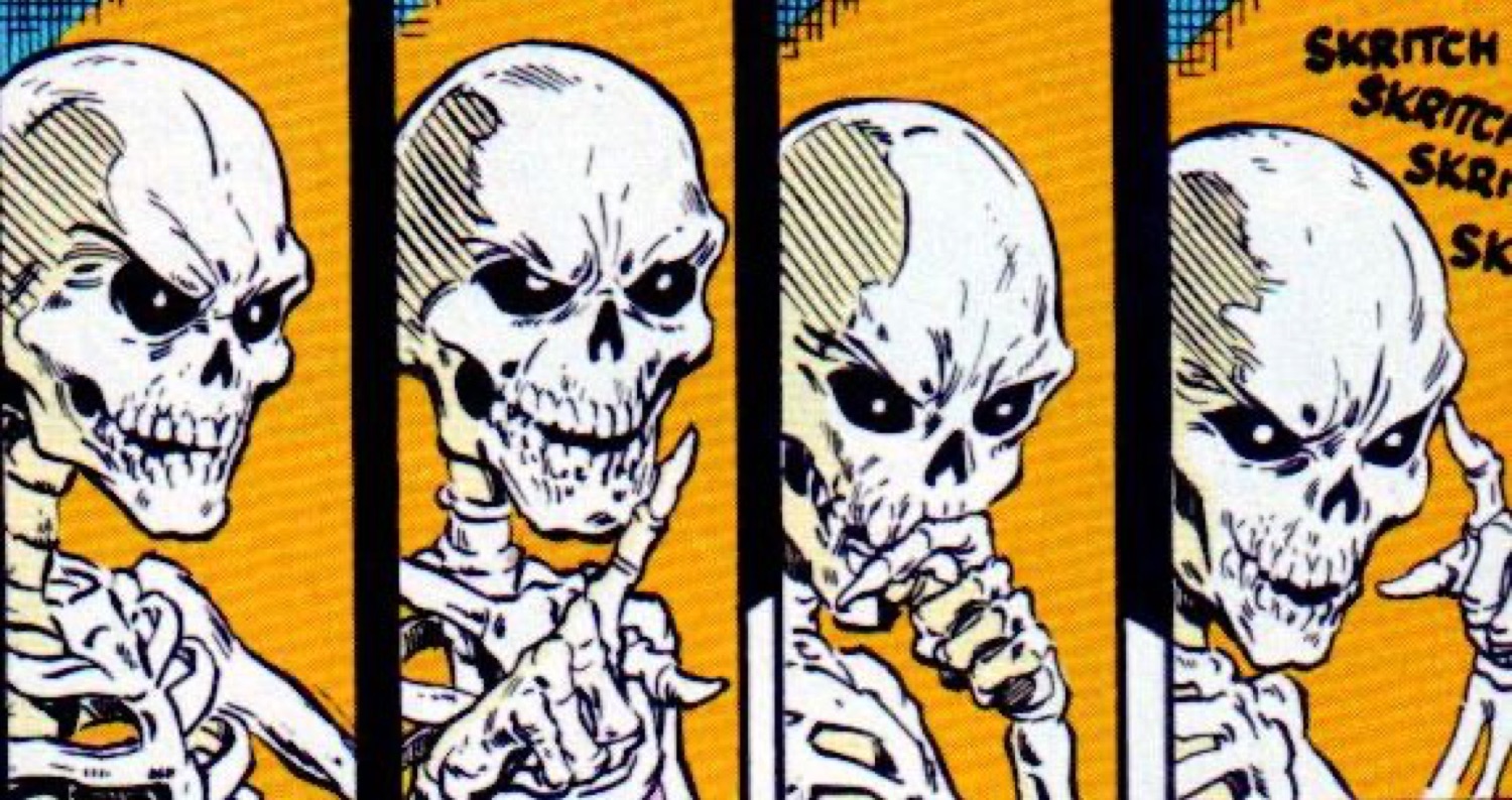 Four comic panels of a skeleton scratching its chin, thinking