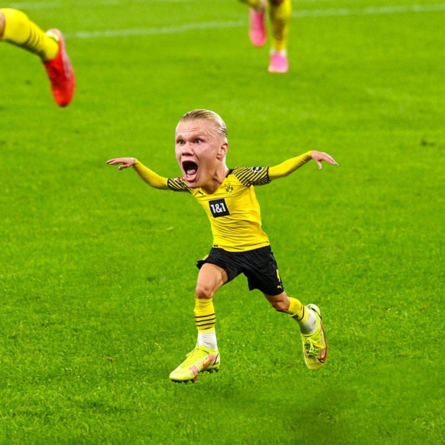 Tiny big-headed soccer player screaming and sprinting across the pitch in celebration