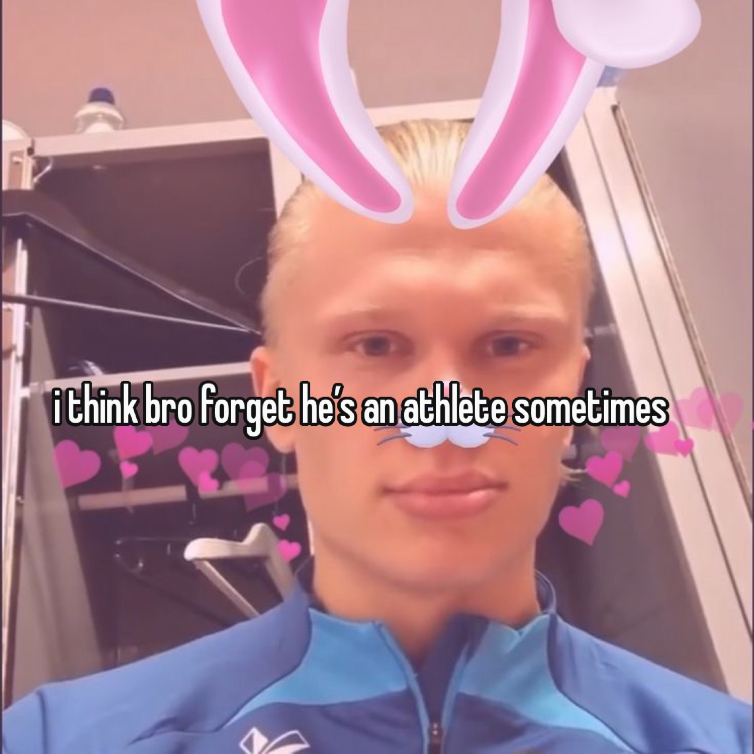 Erling Haaland posing with bunny ears and whisker filter, captioned 'i think bro forget he's an athlete sometimes'