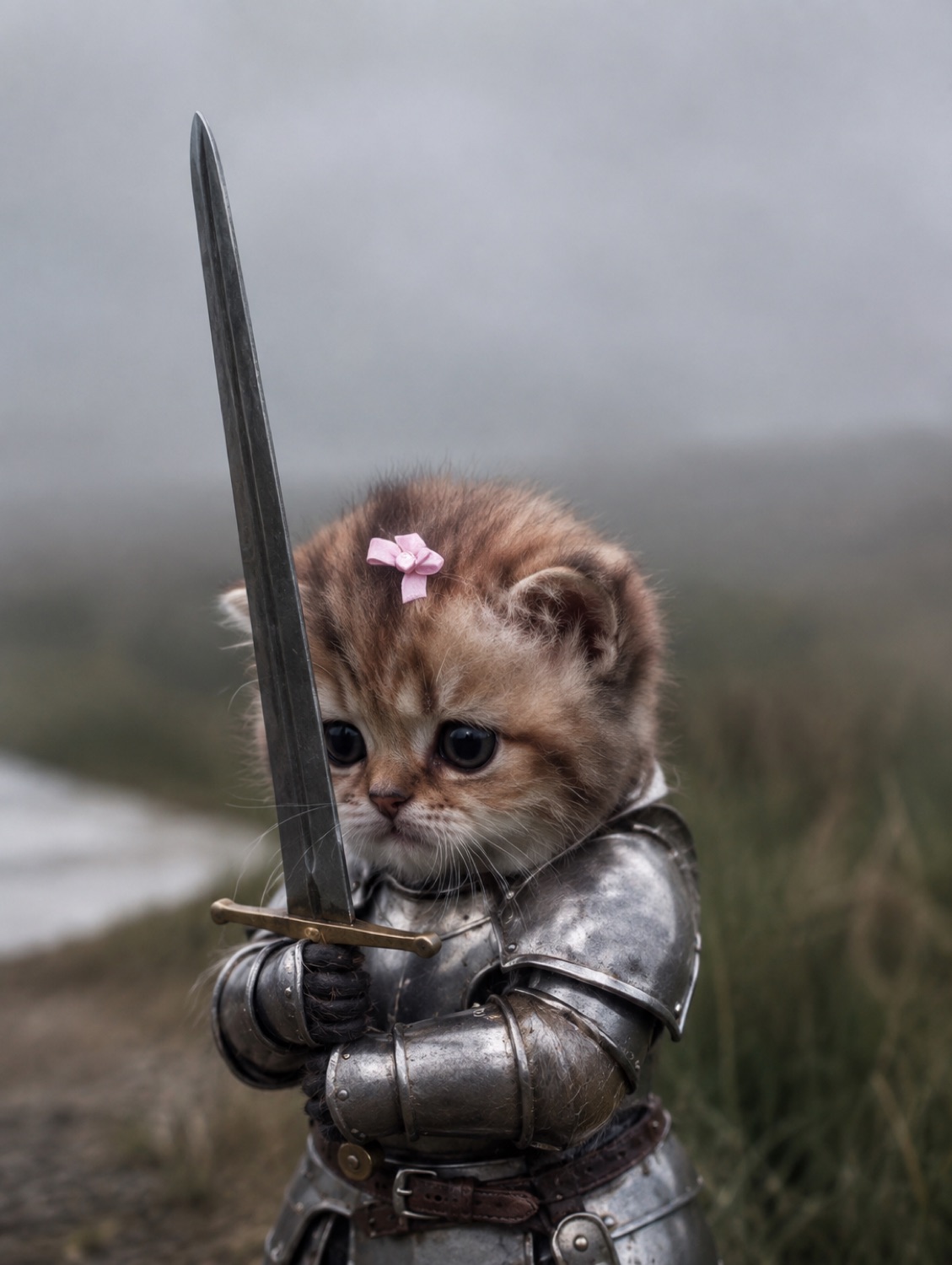 Close-up of a knight kitten with a pink bow gripping a huge sword, staring solemnly