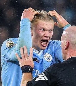 Erling Haaland screaming furiously at the referee while gripping his own hair