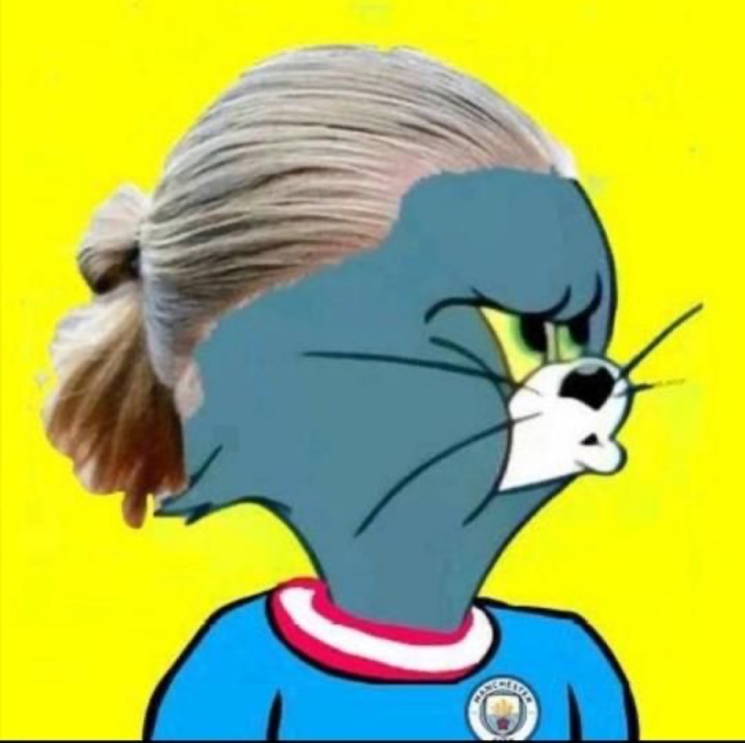 Tom the cat edited with blonde hair and a Man City kit, giving an annoyed side glance